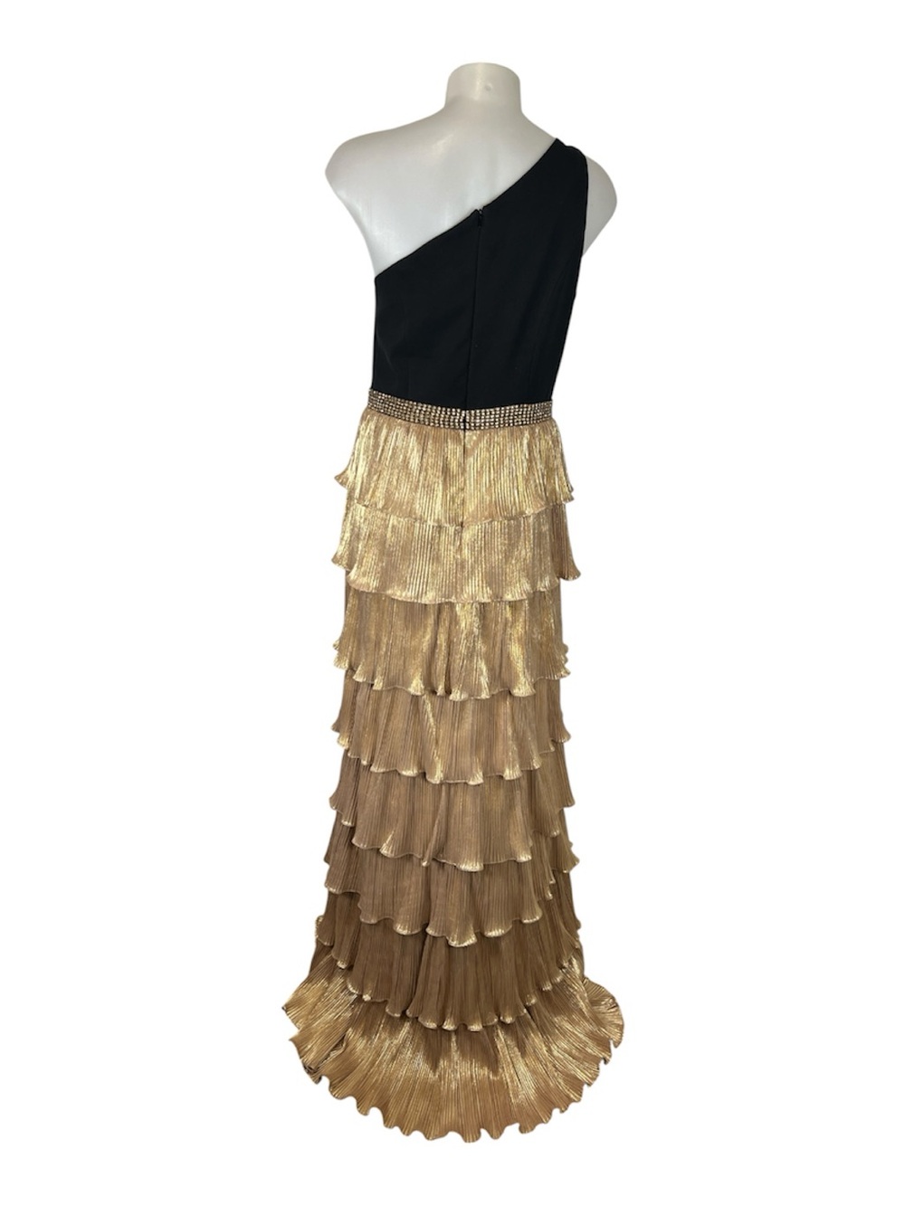 Mac Duggal Ieena black gold metallic one shoulder ruffle tierd gown 8 - Picture 3 of 11